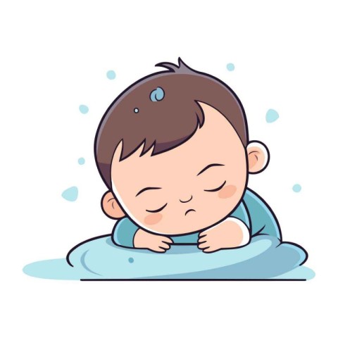 Cute little baby boy sleeping in blue blanket. Vector illustrati