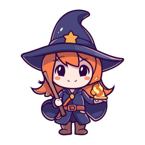 Cute little witch with a magic wand. Cartoon vector illustration