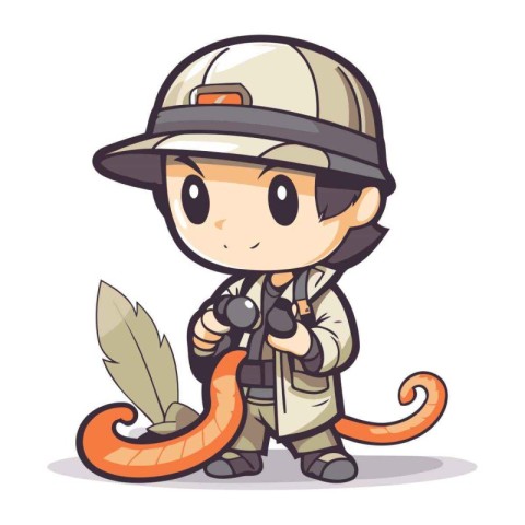 Firefighter boy with a knife and fire hose. Vector illustration.