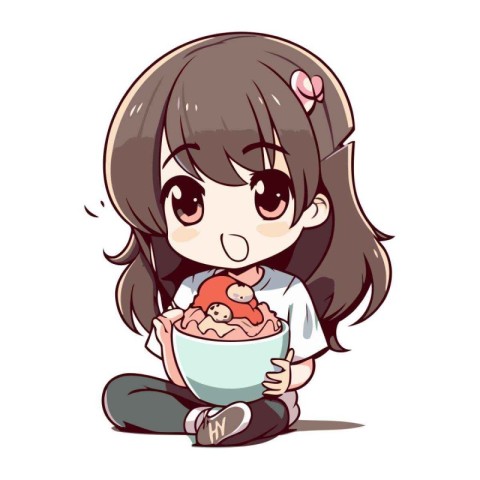 Illustration of a cute little girl eating a bowl of cereals