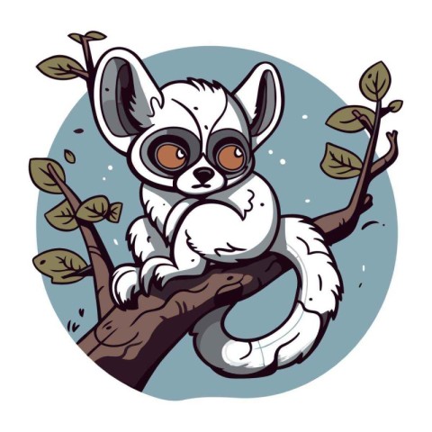 Cute little lemur sitting on a tree branch. Vector illustration.