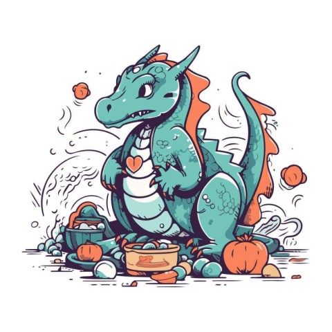 Vector illustration of a cute cartoon dragon with a bucket full