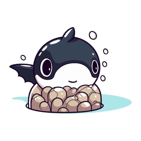 Cute cartoon narwhal on a rock. Vector illustration.