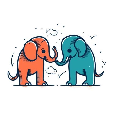 Cute elephant and elephant in love. Hand drawn vector illustrati