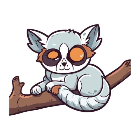 Cute cartoon lemur sitting on a branch. Vector illustration.