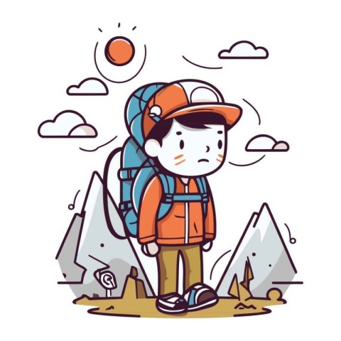 Vector illustration of a boy with a backpack hiking in the mount