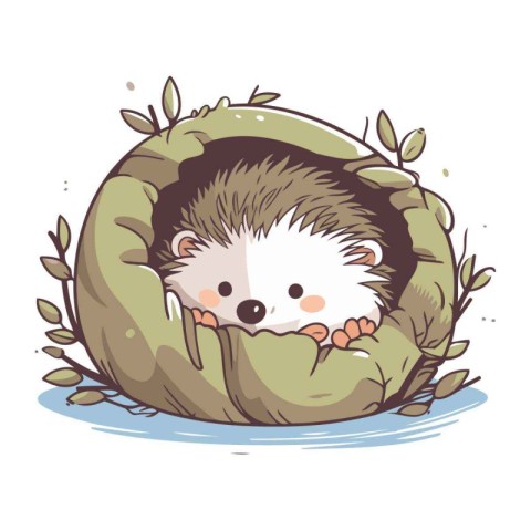 Cute hedgehog in a nest of leaves. Vector illustration.