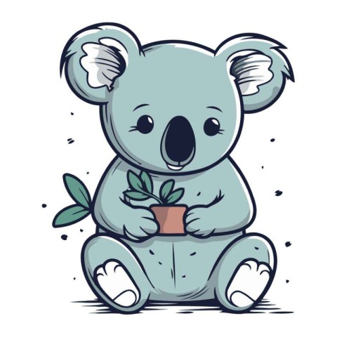 Cute koala holding a flower in a pot. Vector illustration.