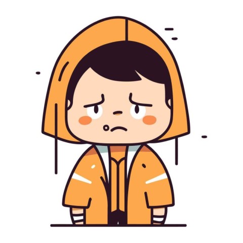 Sad boy in raincoat. Vector illustration in flat cartoon style.