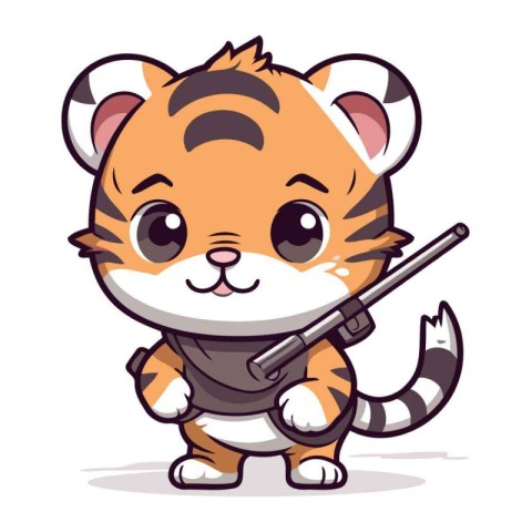 Cute little tiger with a gun. Cartoon vector illustration isolat