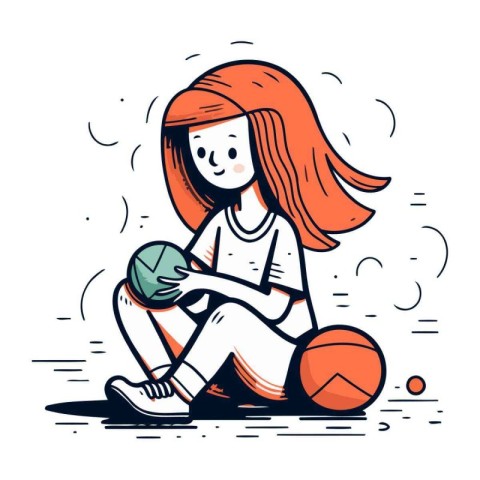 Cute little girl playing basketball. Vector illustration in cart