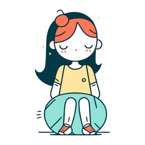 Illustration of a little girl sitting on a pillow. Vector.