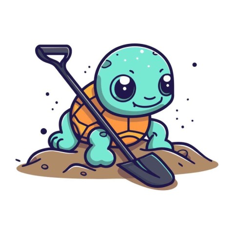 Cute cartoon turtle with shovel on the beach. Vector illustratio