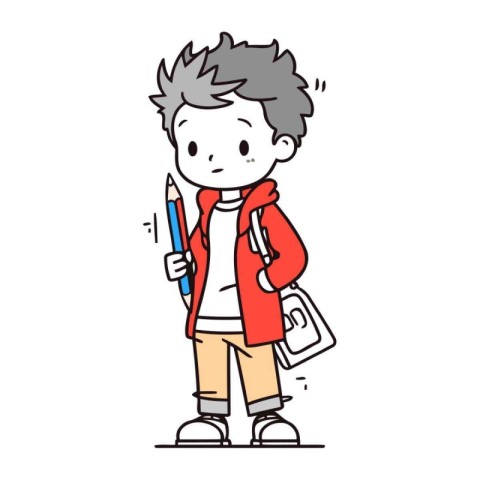 Boy with pencil and backpack. Hand drawn vector illustration in