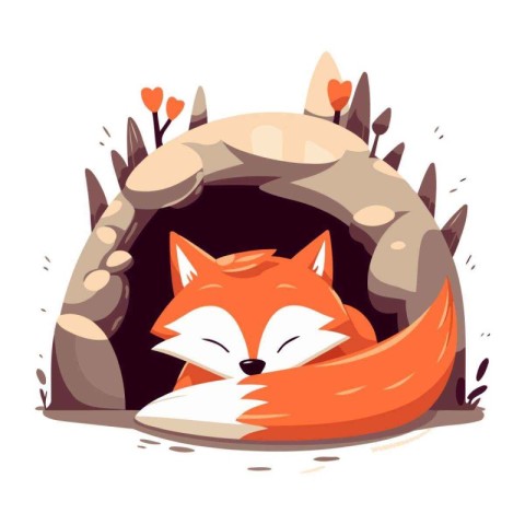 Cute cartoon fox in a cave. Vector illustration isolated on whit