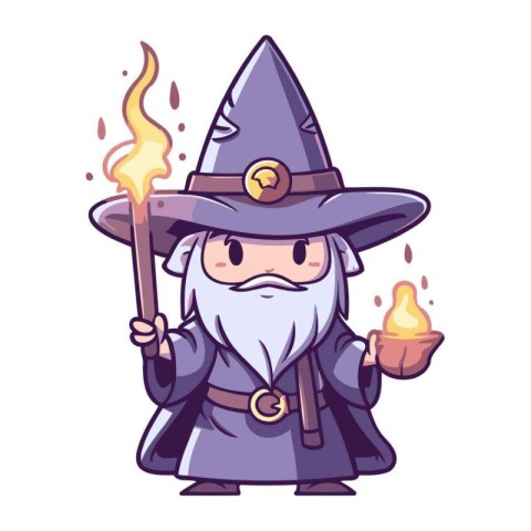 Funny cartoon wizard with magic wand and fire. Vector illustrati