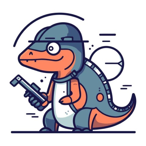 Cute cartoon dinosaur with a gun. Vector illustration in linear