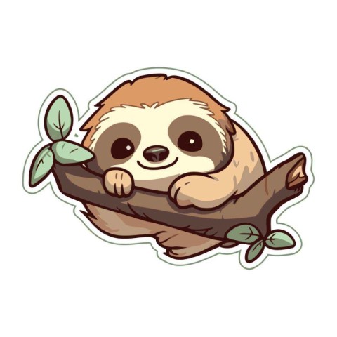 Cute cartoon sloth on a tree branch. Vector illustration.