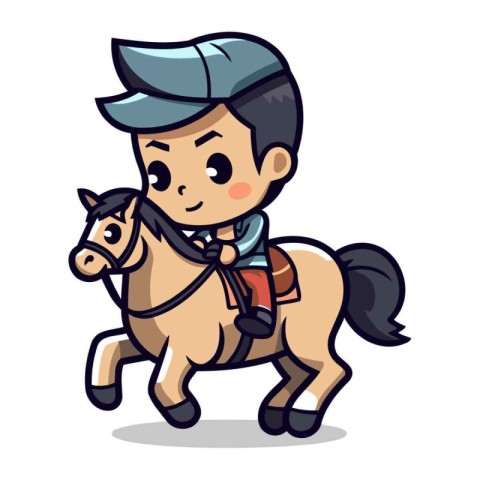 Cute Boy Riding a Horse   Vector Cartoon Illustration