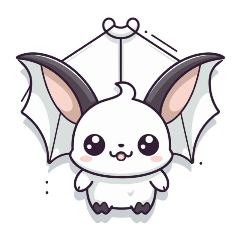 Cute cartoon rabbit with wings hanging on the rope. Vector illus