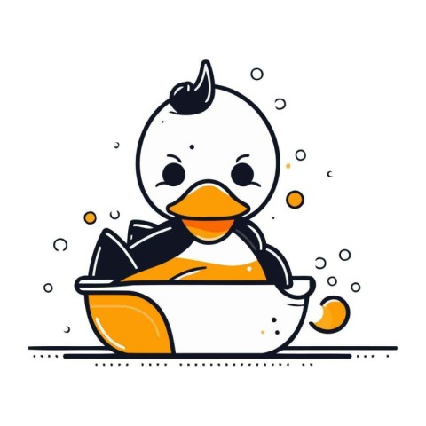 Cute duck in a bathtub. Vector illustration in line style.