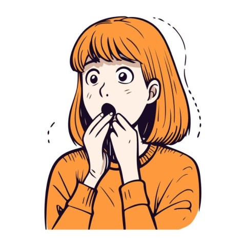 Illustration of a young woman biting her fingernails. Vector.