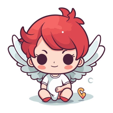 Cute little angel with a question mark. Vector cartoon illustrat