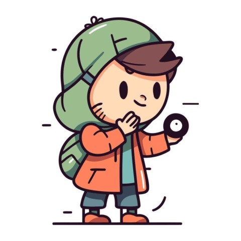 Cute boy in winter clothes holding a magnifying glass. Vector il