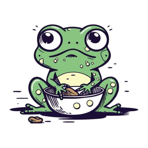 Cute cartoon green frog with a bowl of food. Vector illustration