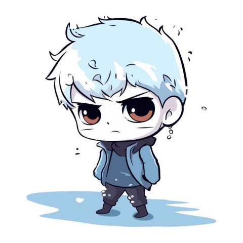 Cute anime boy with big eyes and blue hair. vector illustration