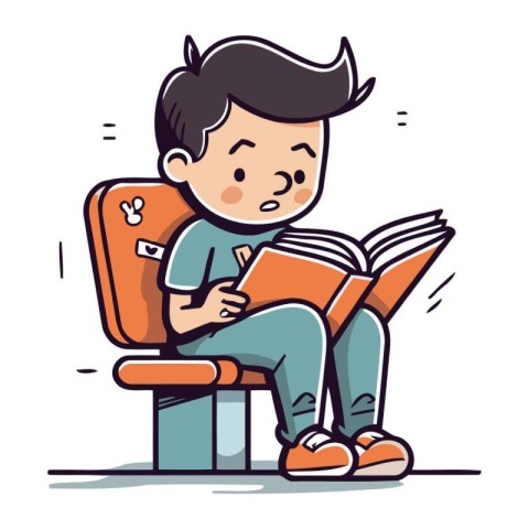 Cute little boy reading a book sitting on a chair. Vector illust