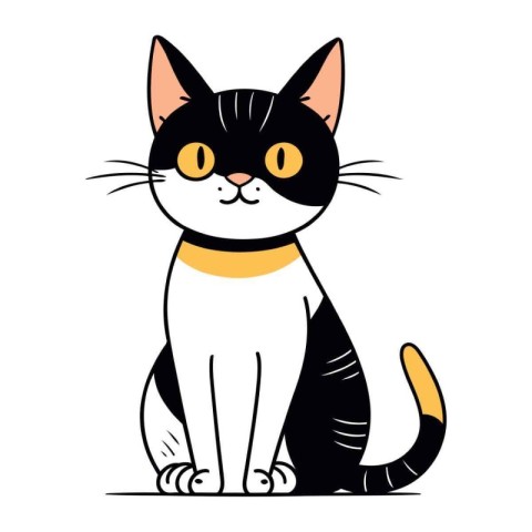 Cute cartoon black and white cat. Vector illustration isolated o