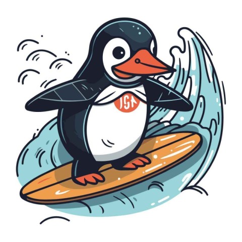 Penguin with surfboard. Vector illustration in cartoon style.