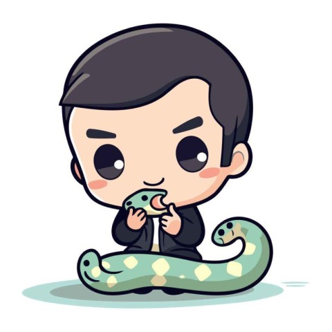 Cute boy with a snake in his hands. Vector illustration.