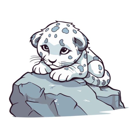 Snow leopard sitting on the rock. Cute cartoon vector illustrati