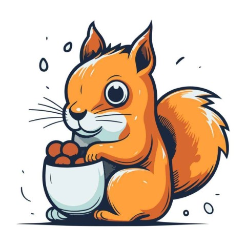 Squirrel with a bowl of nuts. Vector illustration in cartoon sty