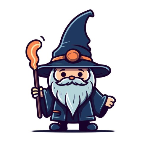 Cartoon wizard in a hat with a magic wand. Vector illustration.