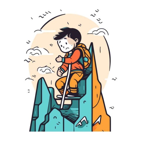 Vector illustration of a boy climbing on a cliff. Cartoon style.