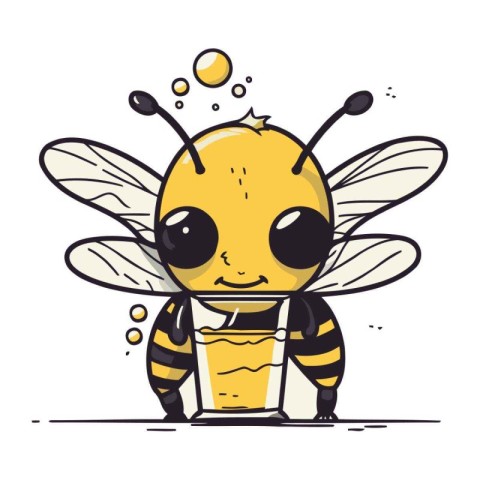 Cute cartoon bee holding a glass of juice. Vector illustration.