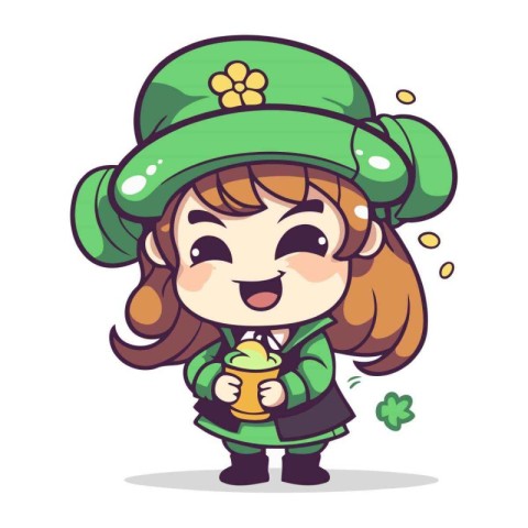 Leprechaun girl holding a pot of gold. Vector illustration