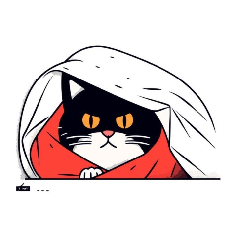 Illustration of black cat hiding under a blanket. Vector illustr