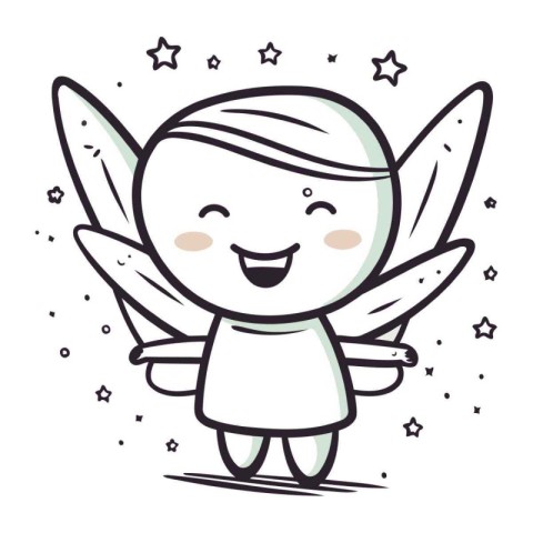 Cute cartoon angel with wings and stars. Vector clip art.