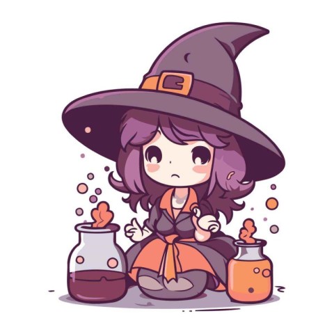 Illustration of a Cute Little Witch Girl in Her Halloween Costum