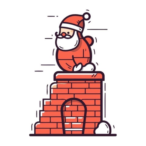 Santa Claus sitting on a chimney. Vector illustration in thin li