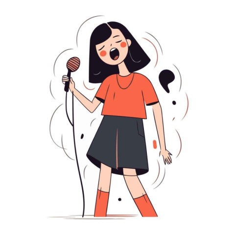 Cute girl singing karaoke. Vector illustration in cartoon style.