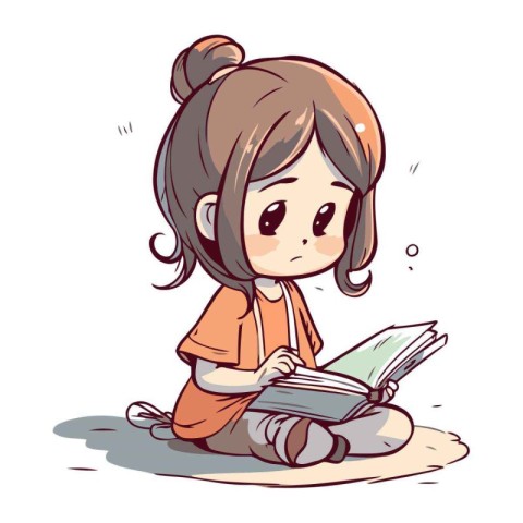 Illustration of a Little Girl Reading a Book While Sitting on th