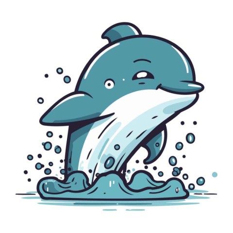 Cute cartoon dolphin jumping out of the water. Vector illustrati