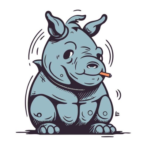 Cute cartoon rhinoceros smoking a cigarette. Vector illustration