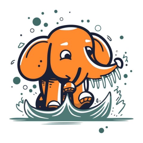 Vector illustration of cute cartoon elephant on wave. Hand drawn