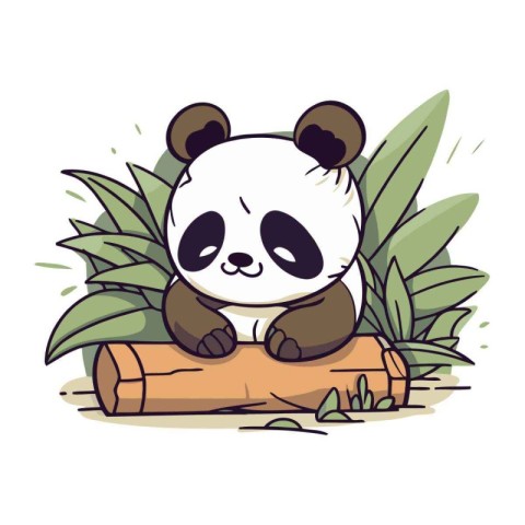 Cute panda sitting on a log in the jungle. Vector illustration.